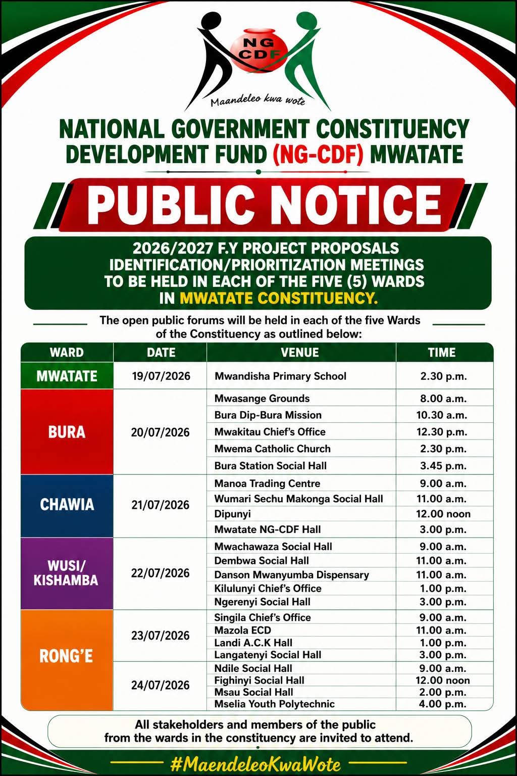 Calling All Mwatate Constituency Residents to the NG-CDF Public Participation Forums